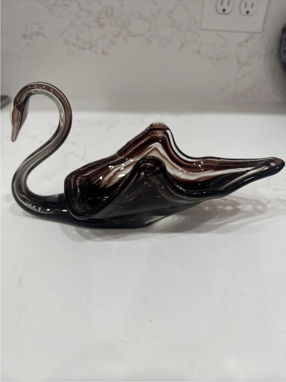 Vintage Hand Blown Swan Dish Glass Collectible Amethyst/Brown Color